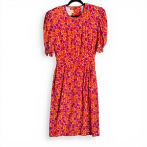 Vintage Escada Colorful Pineapple Print Dress with Puff Sleeves